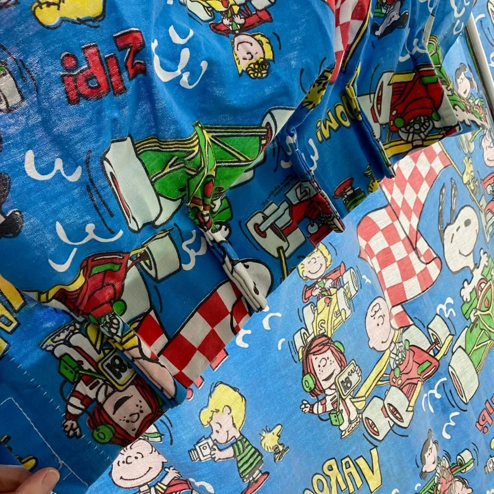Vintage 60s Peanuts Race Curtains - 2 Panels - United Feature Syndicate